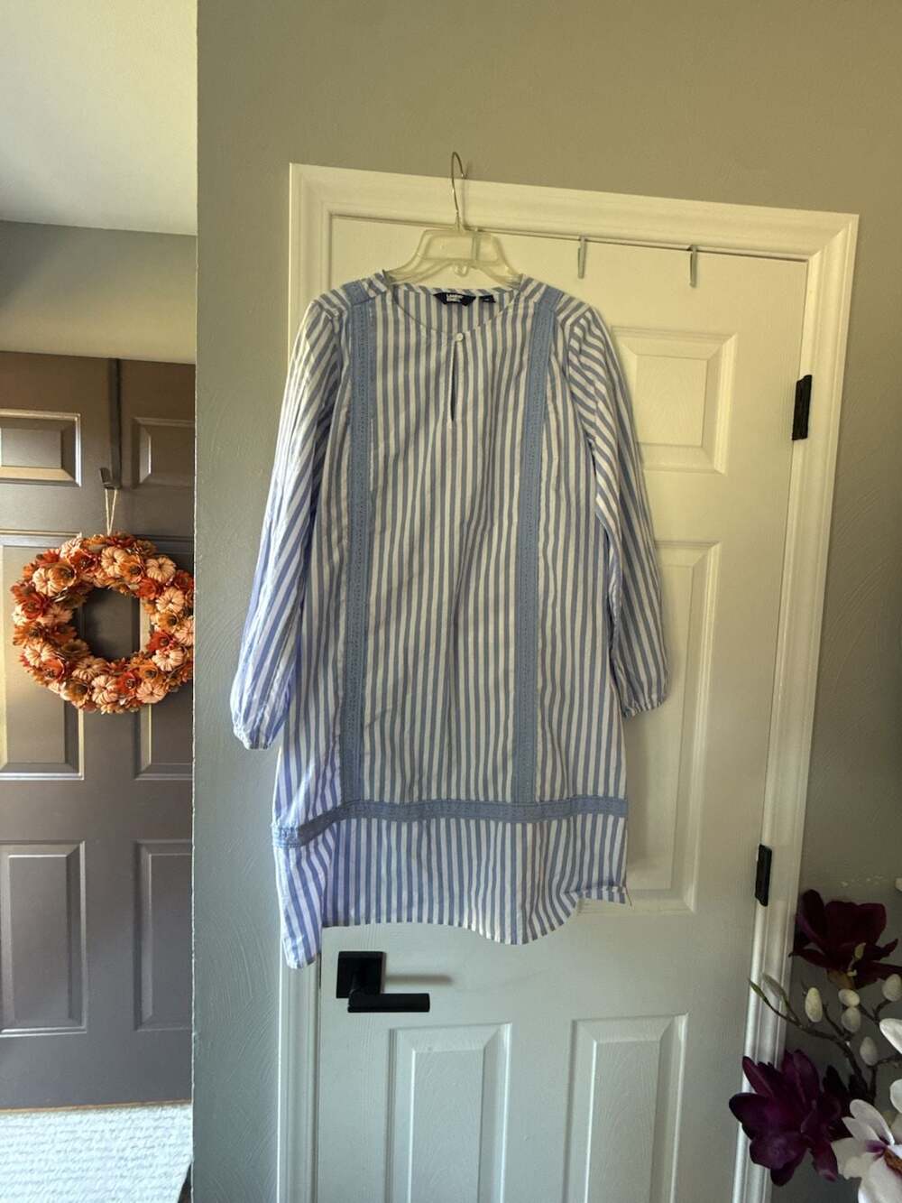 Lands' End Cotton Poplin Split Neck Dress Size M 10-12 Blue White Striped